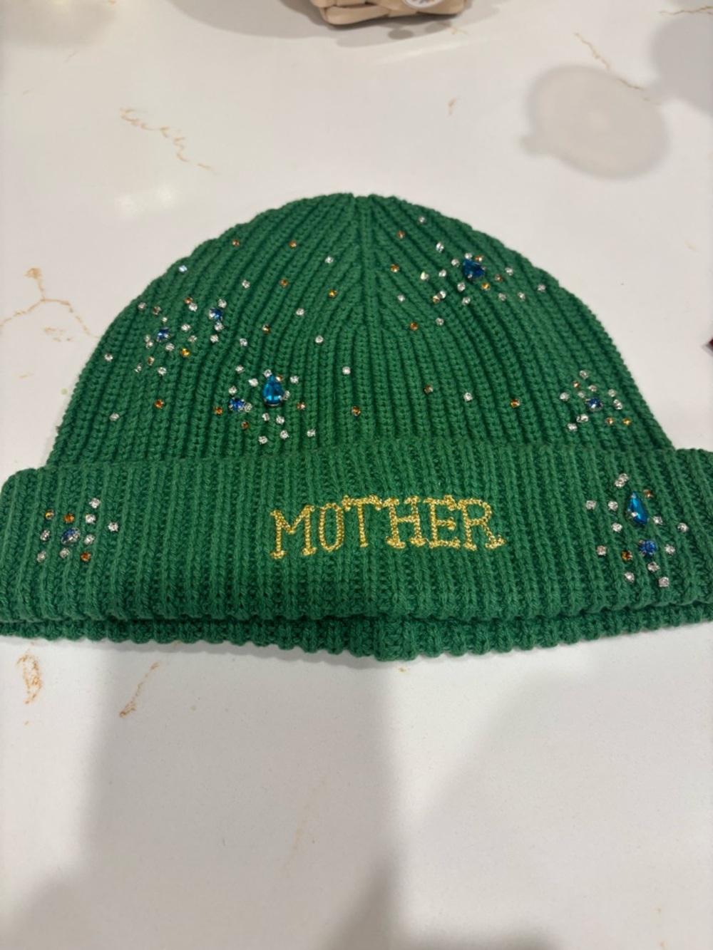 MOTHER Green Knit Beanie with Bead Details